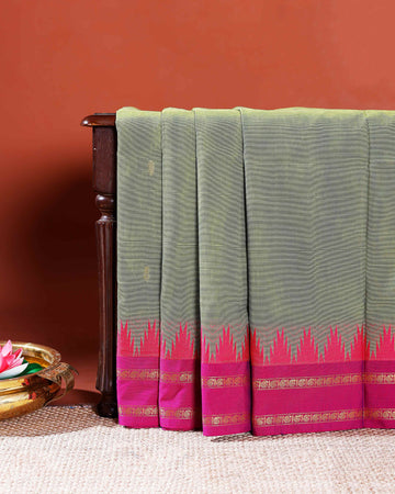 Chettinad Handloom Cotton Saree with Traditional Temple Border and Striped Body - Green