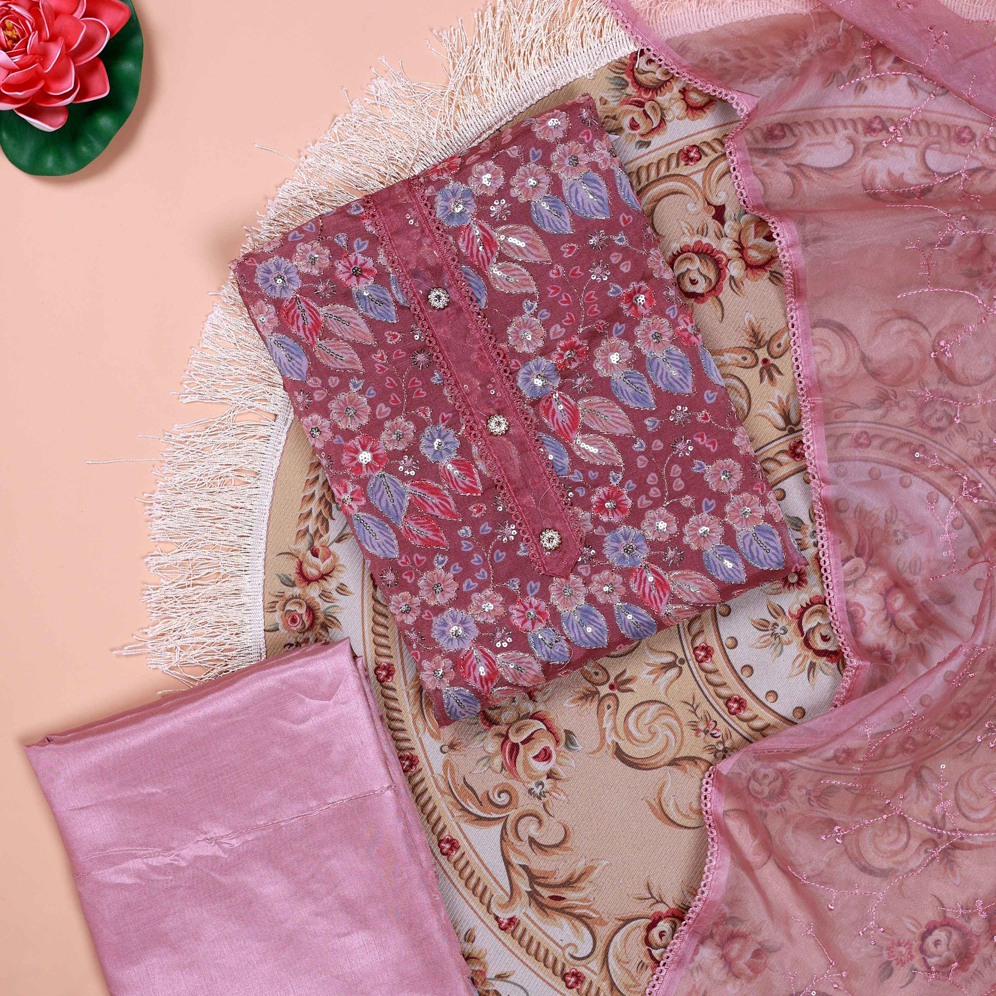 Women's Floral Embroidered Salwar Suit Material with Beaded Neckline and Net Dupatta - Purple