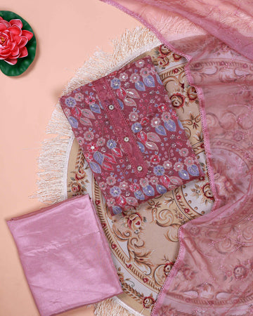 Women's Floral Embroidered Salwar Suit Material with Beaded Neckline and Net Dupatta - Purple