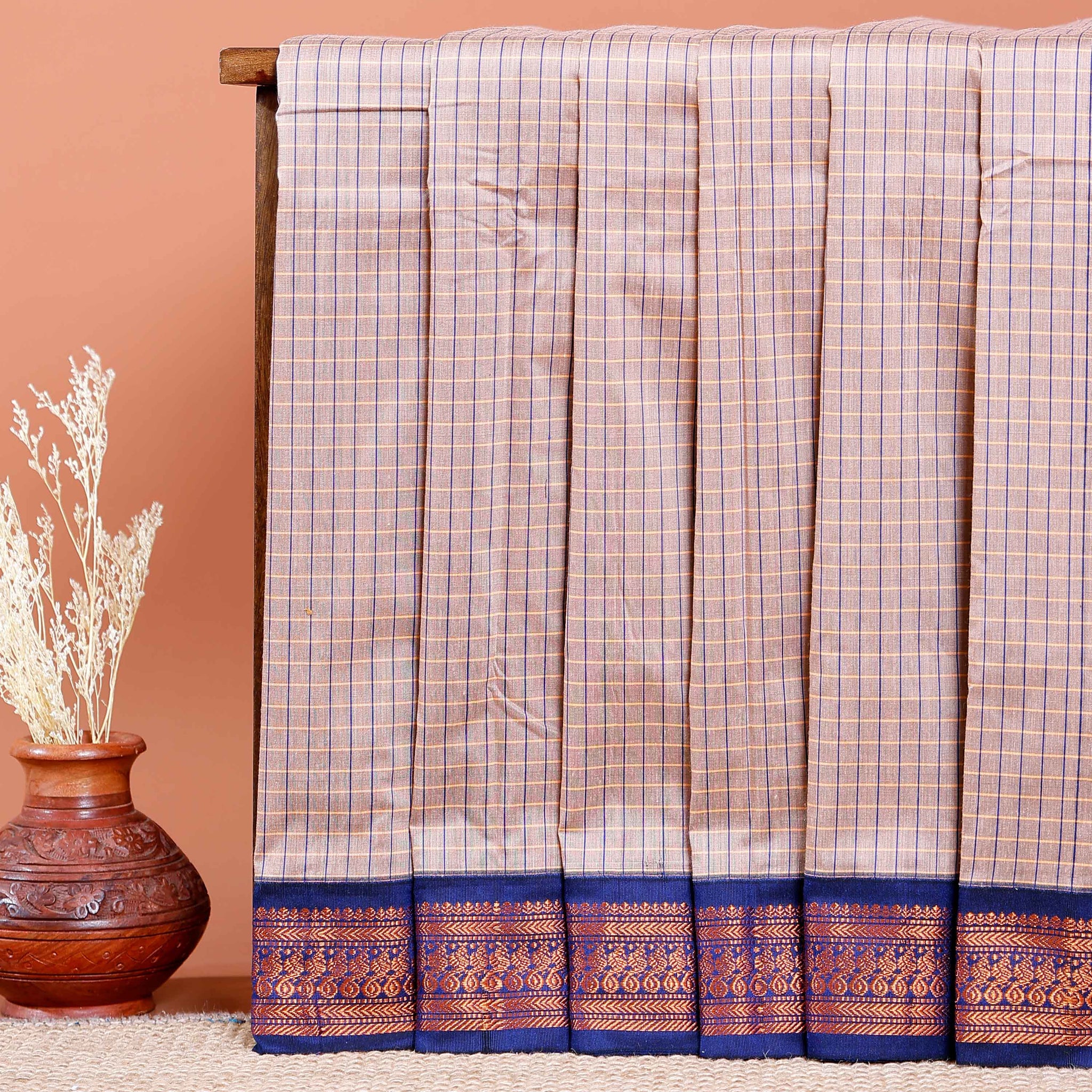 Traditional Kalyani Cotton Saree with All-Over Checks and Ornate Zari Pallu and Border - Beige