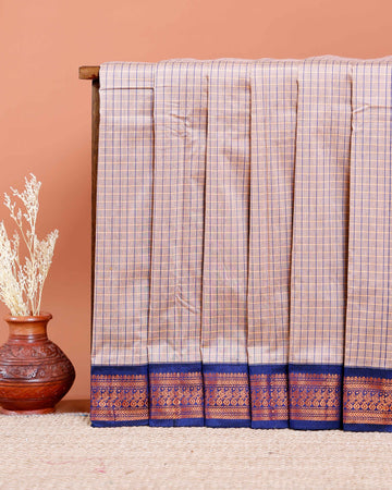 Traditional Kalyani Cotton Saree with All-Over Checks and Ornate Zari Pallu and Border - Beige