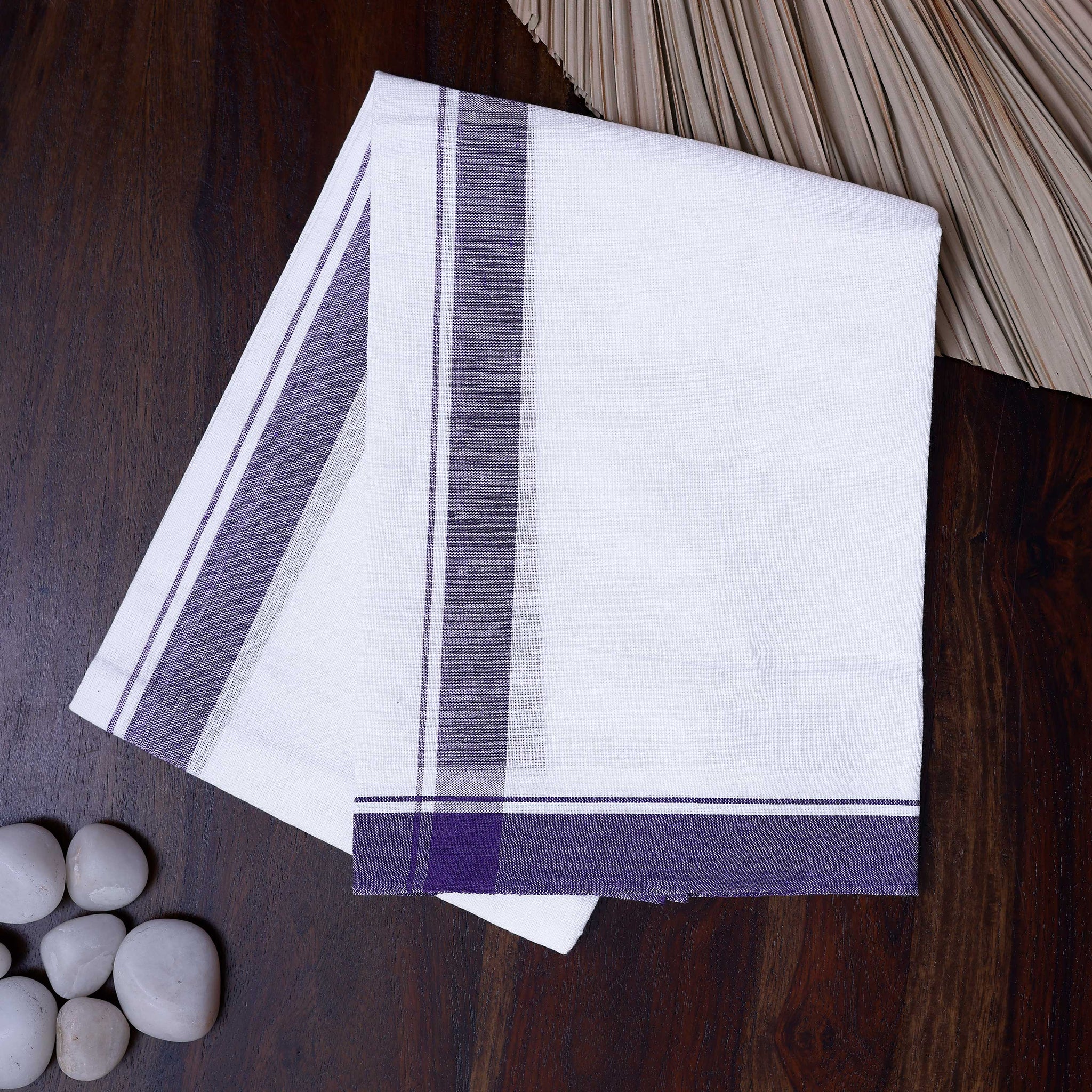 Men's Handloom Cotton Dhoti with Striped Pattern and Multi Border - White