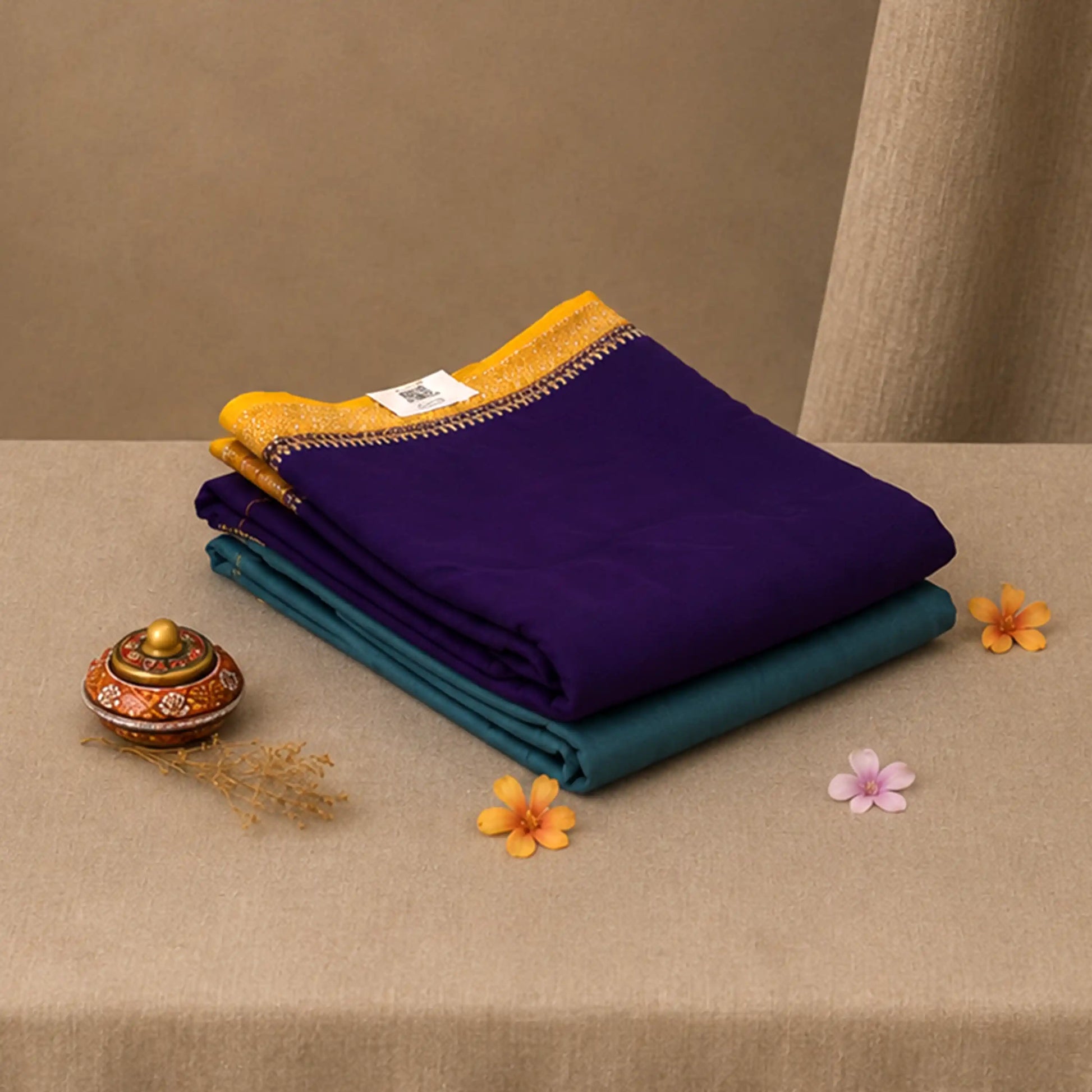 A stack of folded fabric pieces in deep purple, teal, and mustard yellow with gold trim