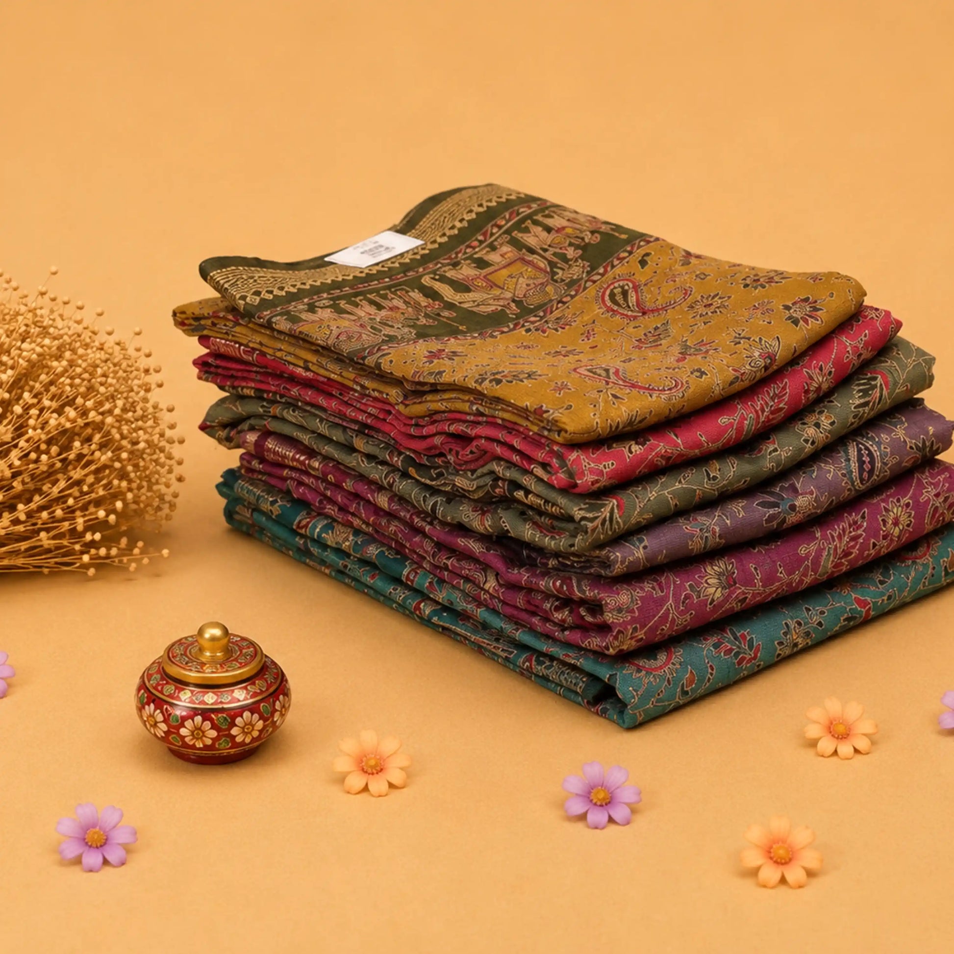 Semi Chanderi saree collection in multicolor paisley and heritage prints neatly folded stack front view.