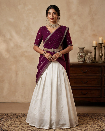Cotton Semi Stitched Dhavani Set For Women | Festive Wear & Traditional Collection | Jeyachandran - Purple with White