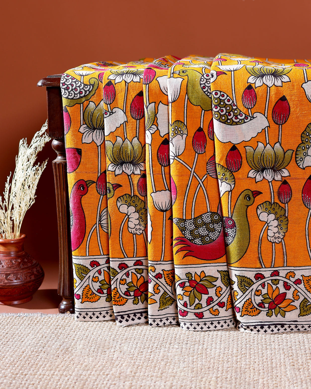 Traditional Handloom Kalamkari Cotton Saree with Intricate Floral and Avian Motifs - Yellow