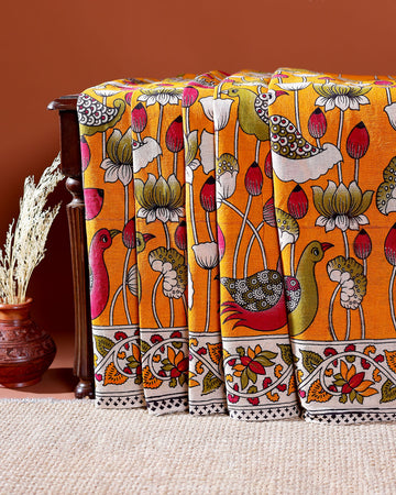 Traditional Handloom Kalamkari Cotton Saree with Intricate Floral and Avian Motifs - Yellow
