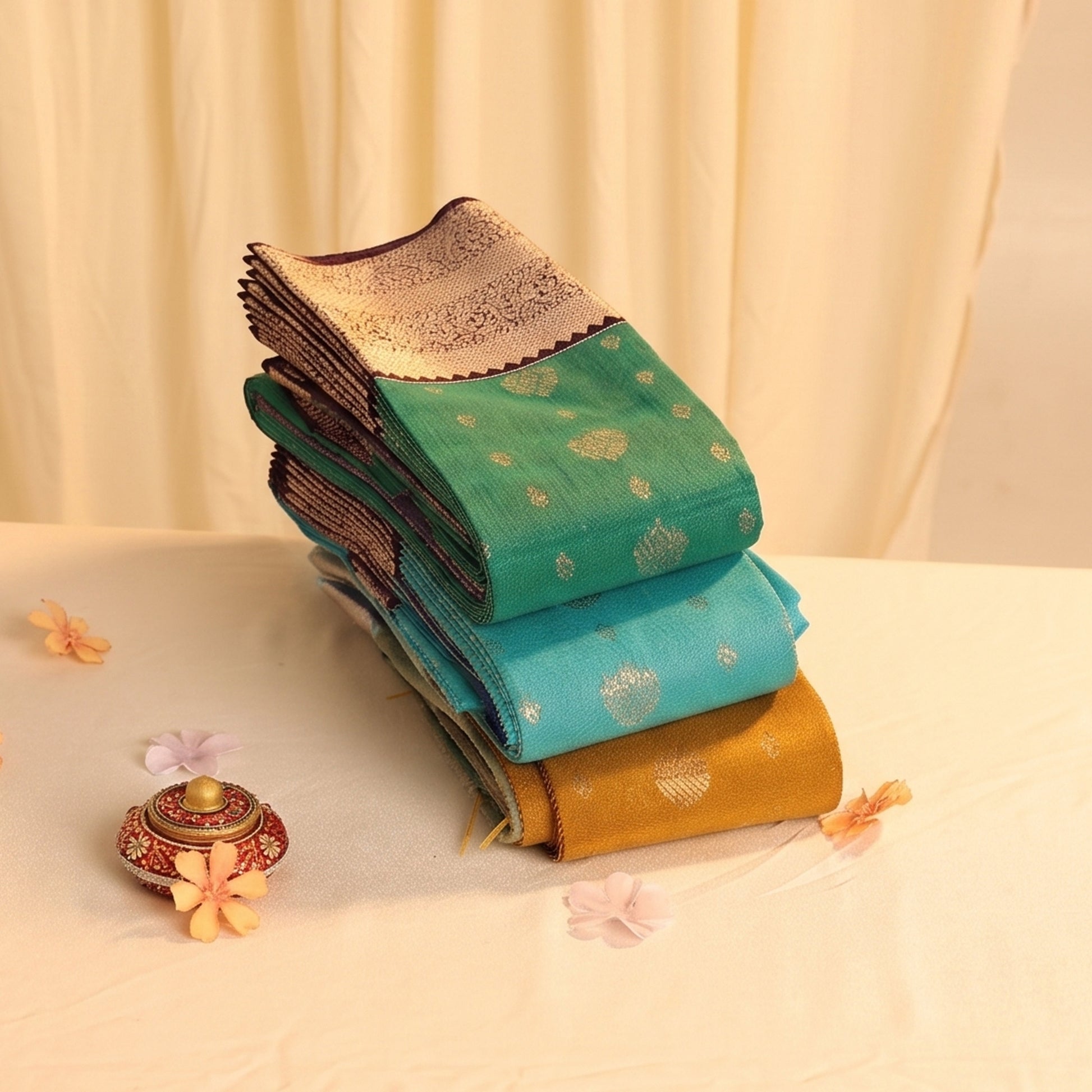 Elampillai silk cotton saree with silver zari floral motifs in light green,green and blue shades folded stack close up