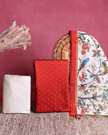 Women’s Unstitched Salwar Suit Dress Material Set with Woven Butta Top 2.5 Mtr, Solid Pant 2 Mtr & Printed Dupatta 2.25 Mtr - Red