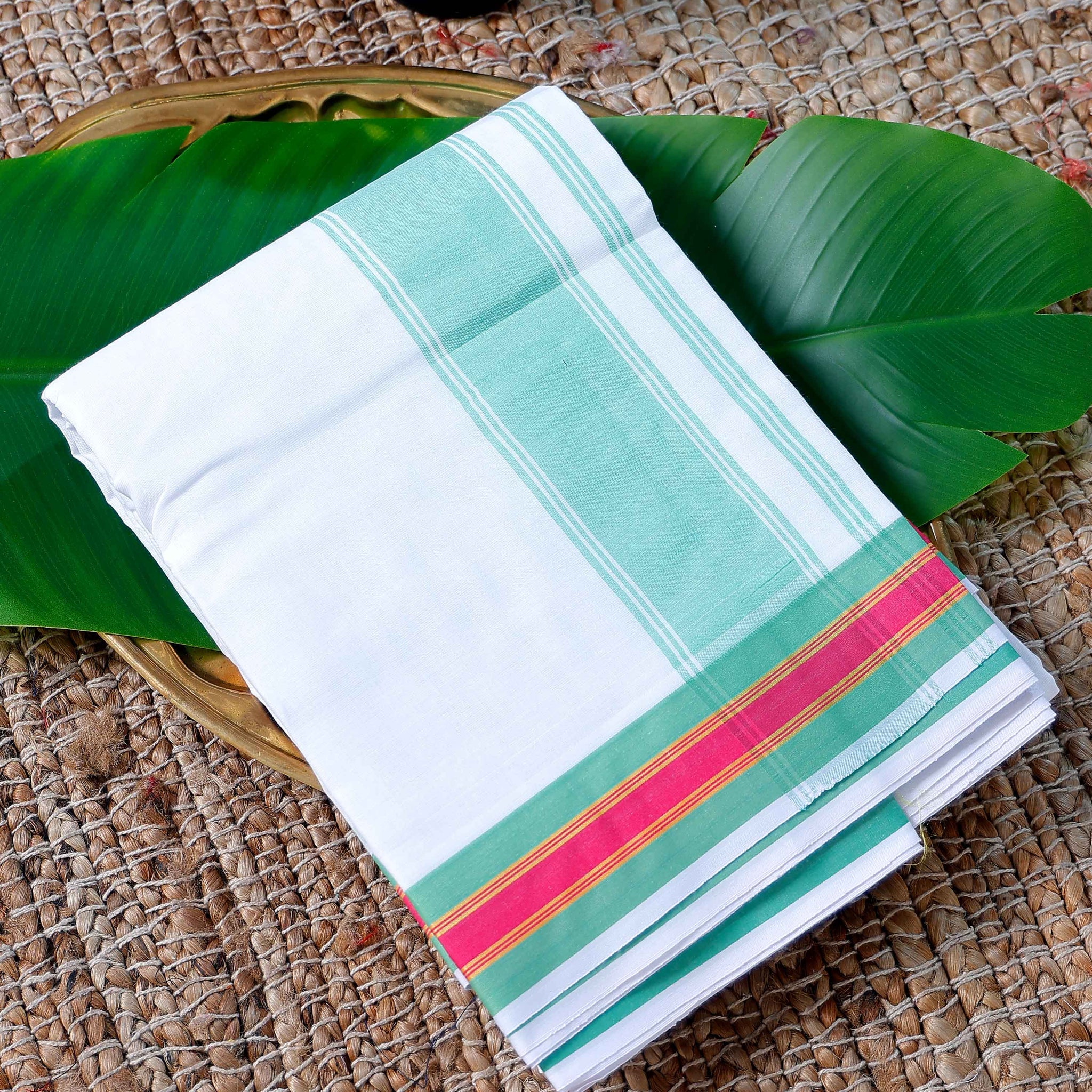 Men’s Cotton Dhoti with Multi Colour Border - White