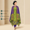 Light Green Salwar Suit Material With Blue Bottom Fabric And Colorful Ikat Dupatta - Front View
