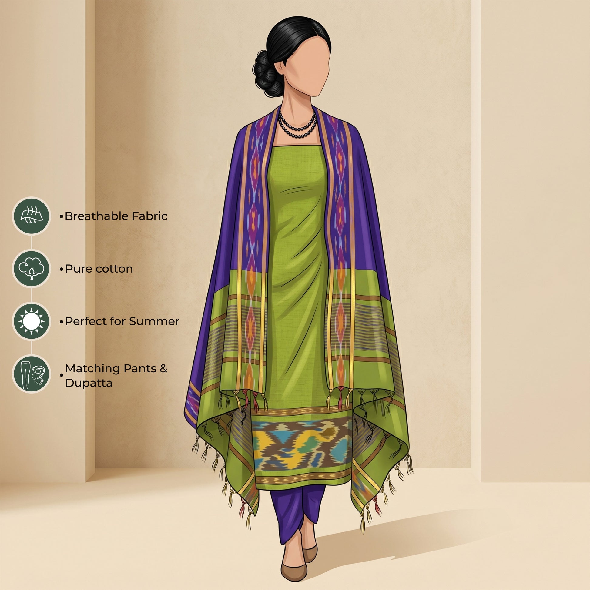 Light Green Salwar Suit Material With Blue Bottom Fabric And Colorful Ikat Dupatta - Front View
