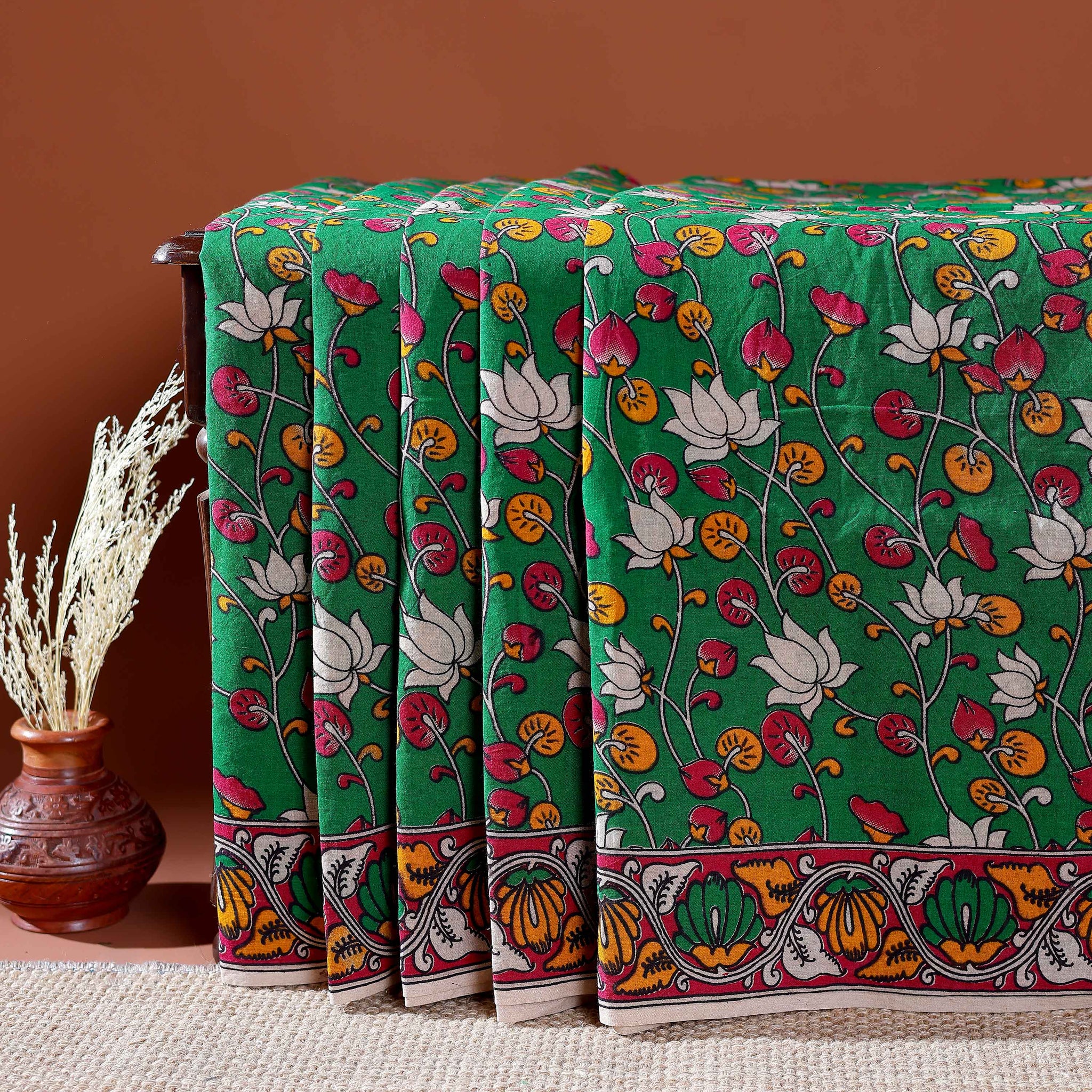 Traditional Handloom Kalamkari Cotton Saree with Intricate Floral and Avian Motifs - Green