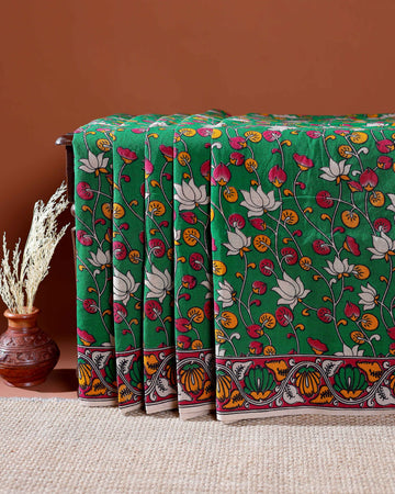 Traditional Handloom Kalamkari Cotton Saree with Intricate Floral and Avian Motifs - Green
