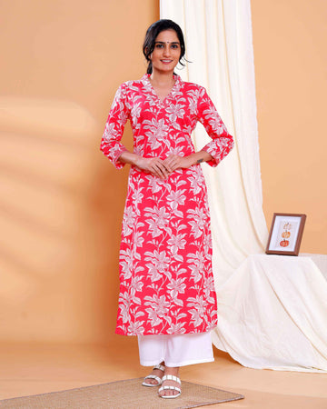 Print Straight Kurta with V-Neck and 3/4th Sleeves - Light Red
