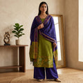 Light Green Salwar Material Set With Blue Pants Fabric And Colorful Ikat Dupatta Full Length Front View