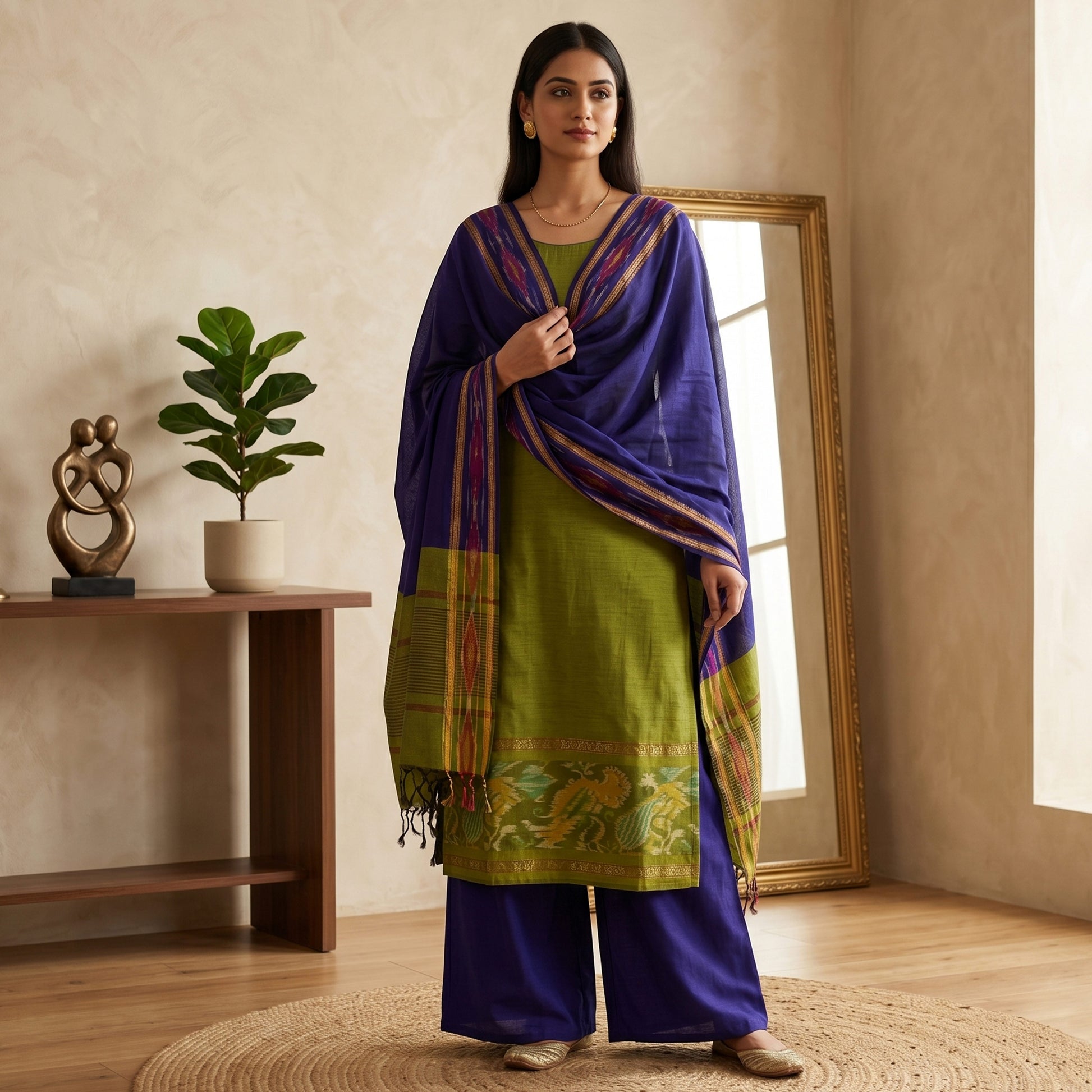 Light Green Salwar Material Set With Blue Pants Fabric And Colorful Ikat Dupatta Full Length Front View