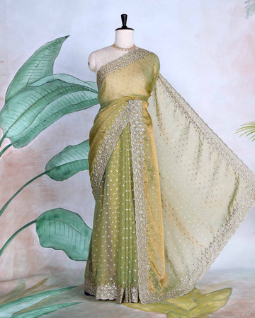 Elegant Sequins & Thread Embroidered Fancy Saree with Intricate Floral Border and Graceful Pallu - Olive Green