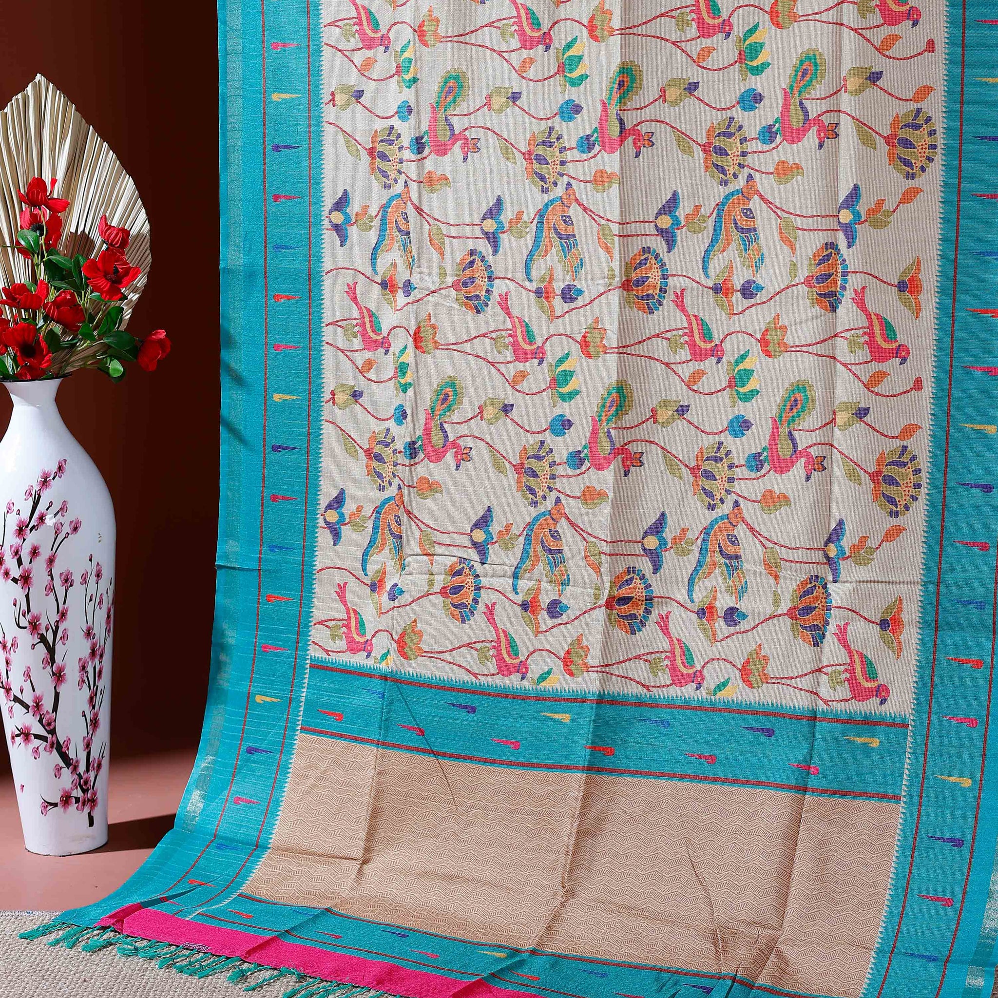 Traditional Kota Cotton Saree with Intricate Floral and Paisley Weaving and Contrast Woven Border - Sandal