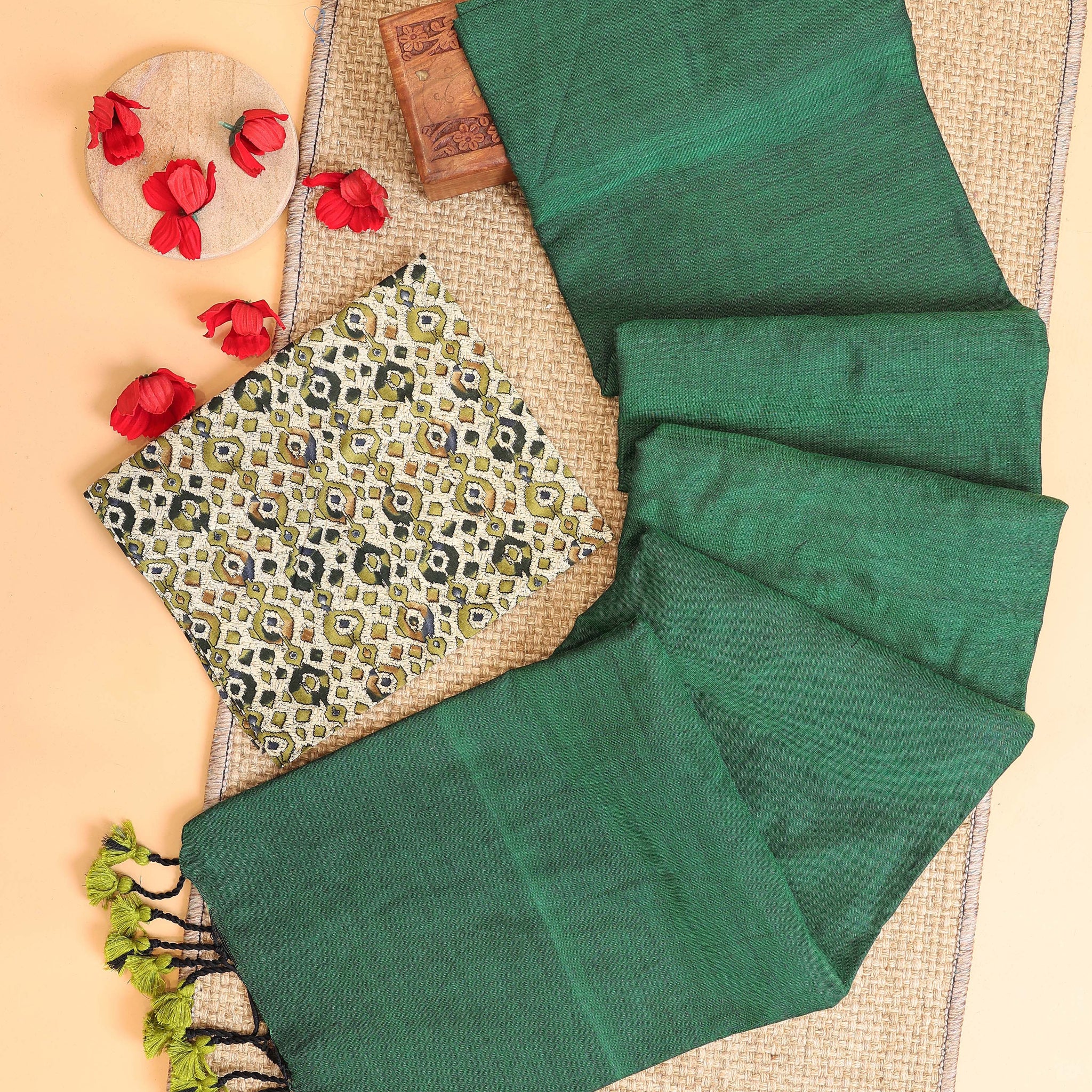 Handwoven Khadi Cotton Saree with Contrast Printed Blouse and Tassel Accents - Green
