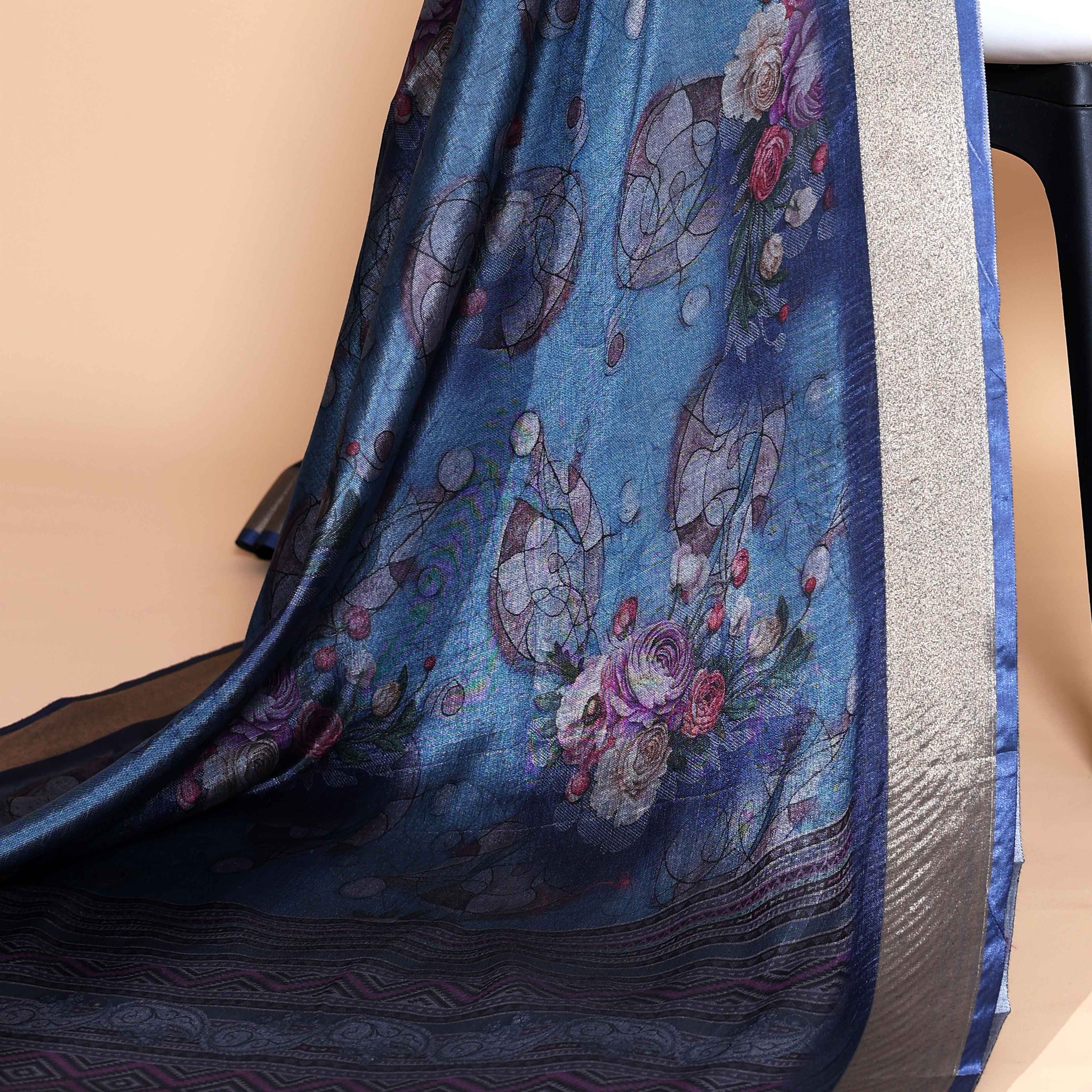 Blue Art Silk Saree with Intricate Floral and Geometric Weave Pattern