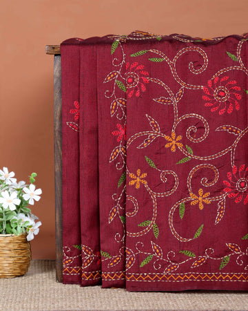 Elegant Hand Embroidered Kantha Work Tussar Saree with Detailed Floral Motifs - Maroon