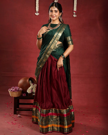 Women’s Semi Stitched Traditional Dhavani Set with Zari Woven Border and Ethnic Designer Blouse - Dark Green & Maroon