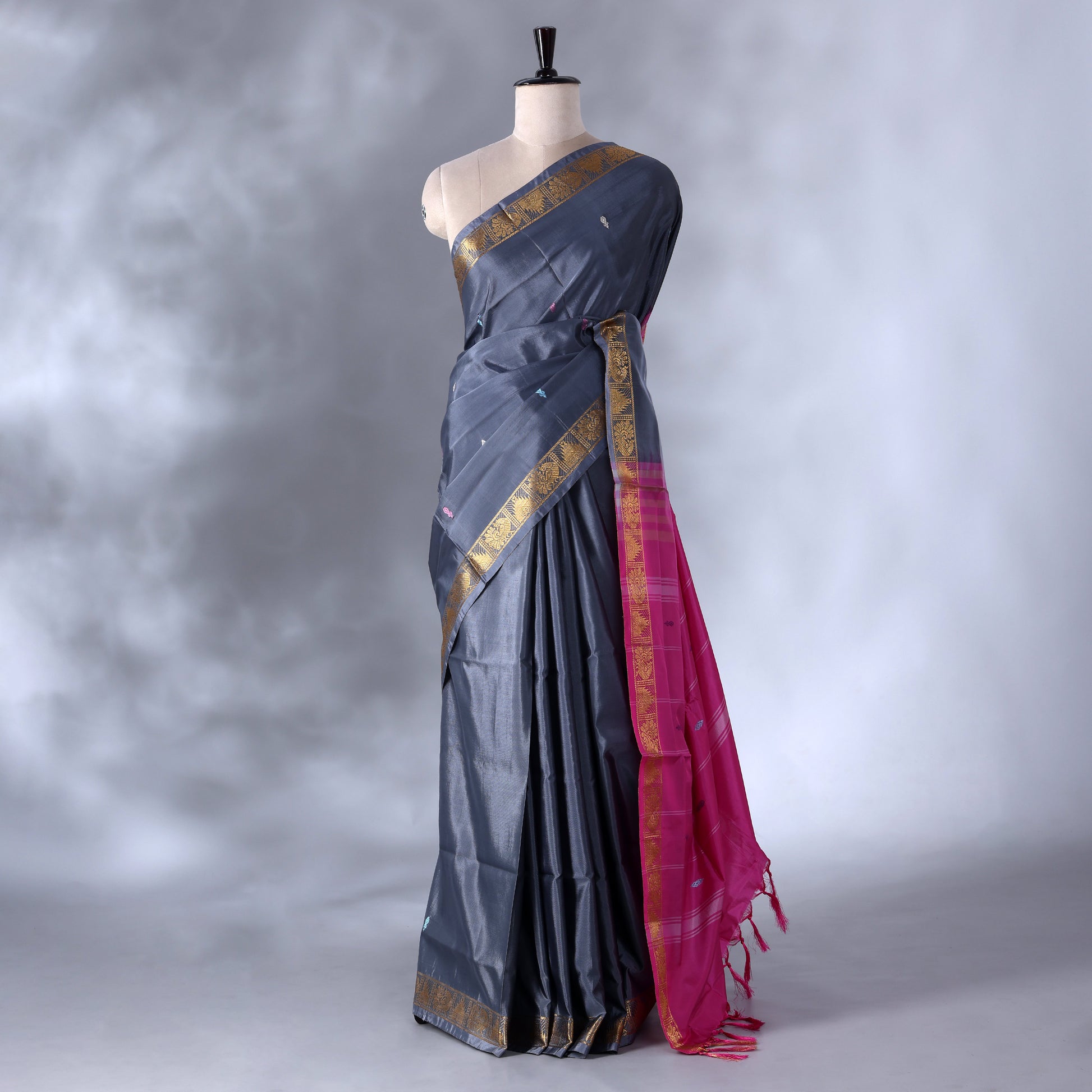Dark Grey  Banana Pith Saree with Minimal Butta Motifs & Traditional Zari Woven Border -Full View