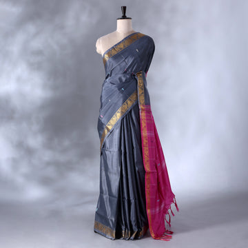 Dark Grey Banana Pith Semi Silk Saree for Women | Wedding & Festive occasion | Jeyachandran - Full View