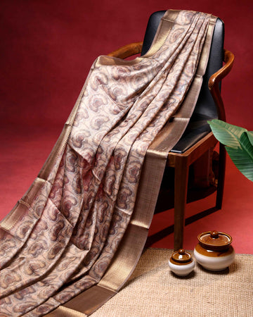 Elegant Floral Linen Tissue Saree with Minimal Woven Zari Border - Beige