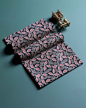 Women’s Handloom Cotton 1 Meter Blouse Material with Leaf and Vine Motifs - Black