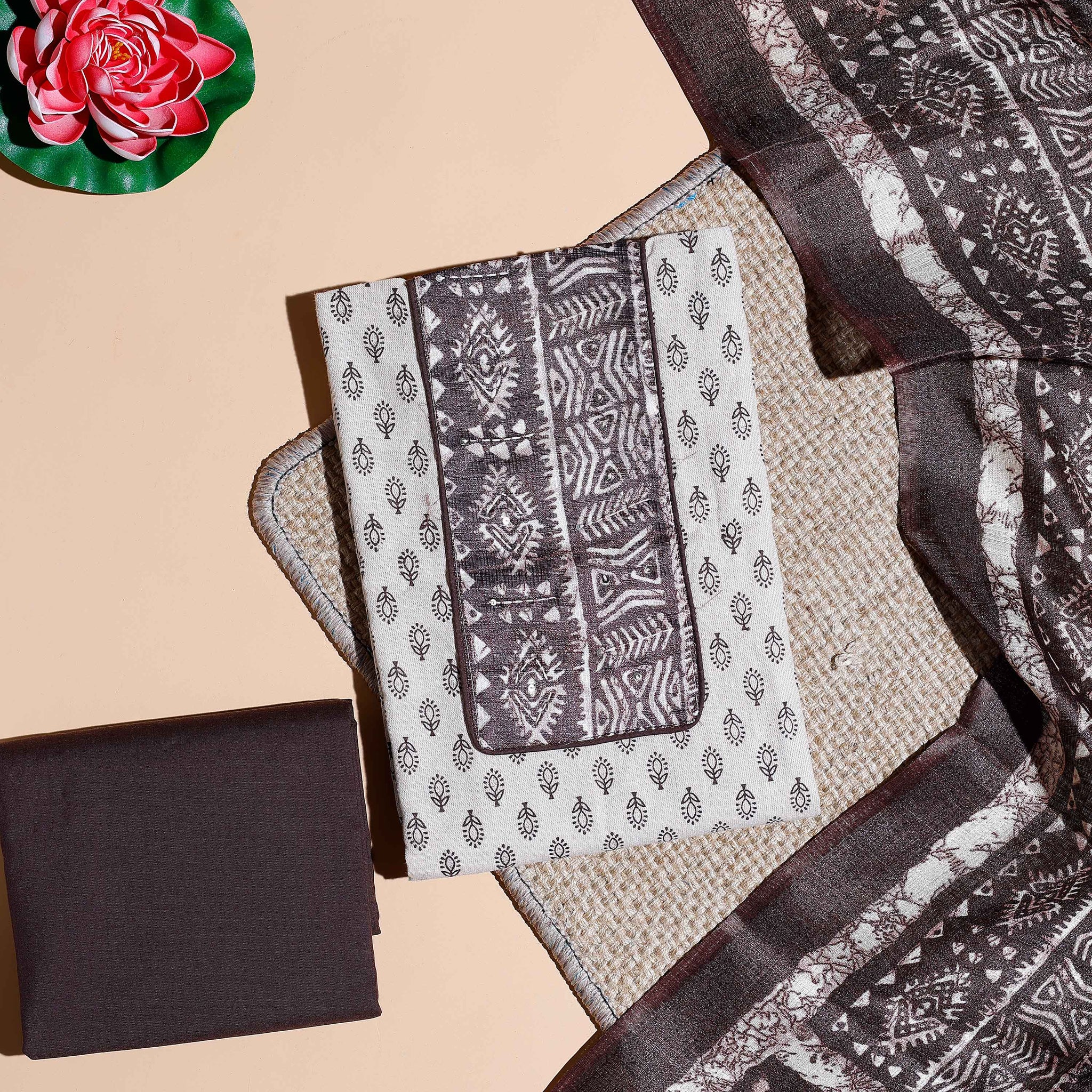 Women's Handblock Printed Cotton Salwar Material with Plain Bottom and Coordinated Dupatta - Cream