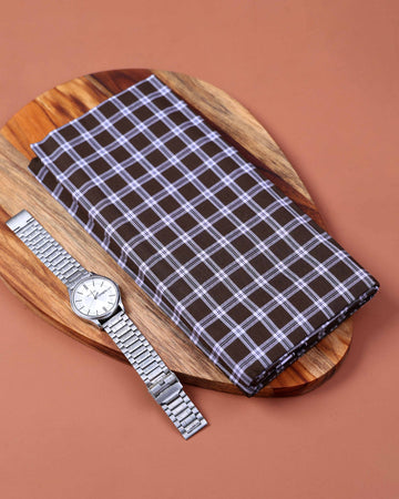 Nandu Brand Men's Premium Cotton Checked 2.20 Meter Stitched Lungi -Dark Brown