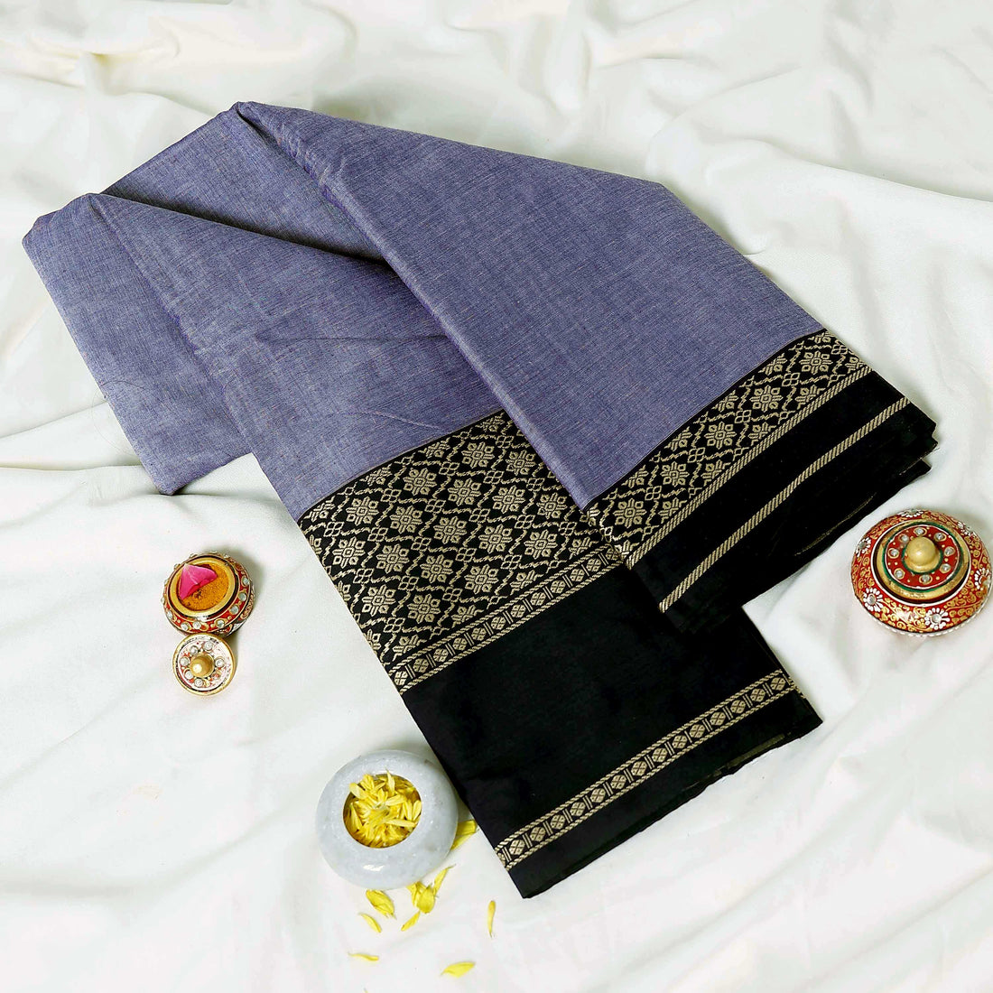 Light Grey Mangalagiri Cotton Saree for Women | Festive Summer Collection | Jeyachandran - Full View