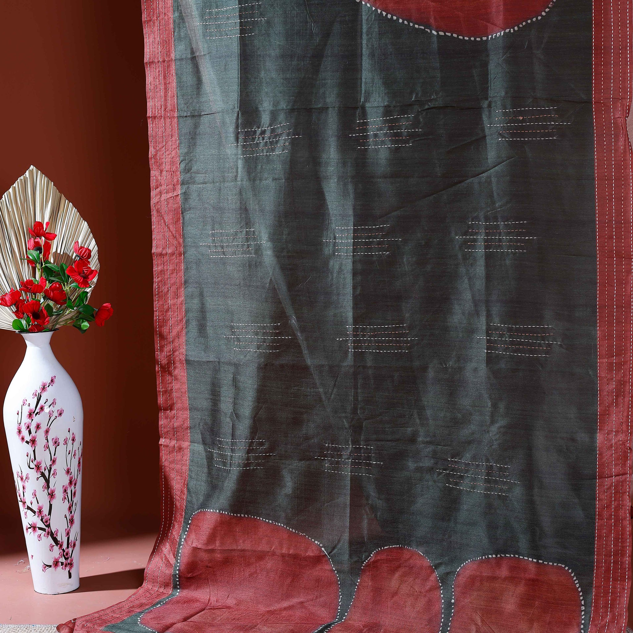 Handcrafted Kantha Cotton Saree with Contrast Patch Design and Intricate Stitch Embroidery - Dark Grey