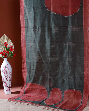 Handcrafted Kantha Cotton Saree with Contrast Patch Design and Intricate Stitch Embroidery - Dark Grey