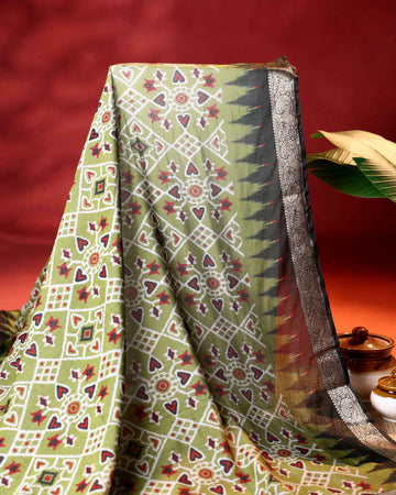 Elegant Semi Chanderi Saree with Intricate Geometric & Ikkat Inspired Motifs and Traditional Zari Border- Olive Green