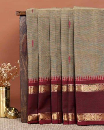 Traditional Handloom Chettinad Cotton Saree with Zari Woven Temple Border - Olive Green