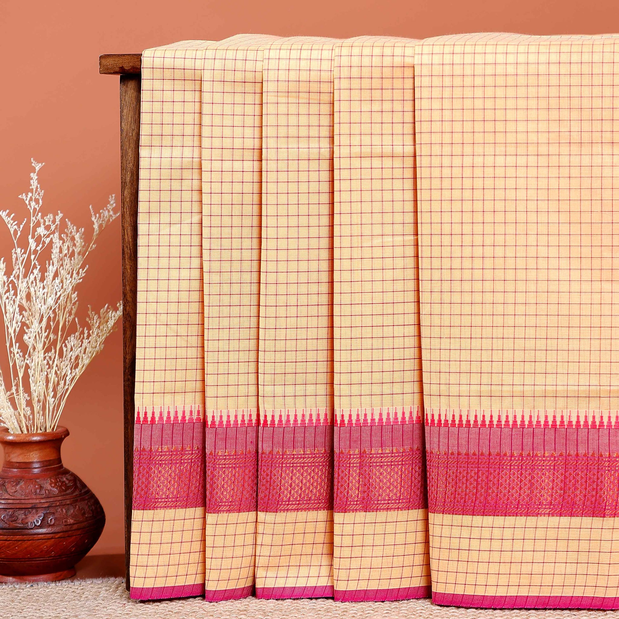 Chettinad Cotton Saree with Checked Weave and Contrast Temple Border - Yellow