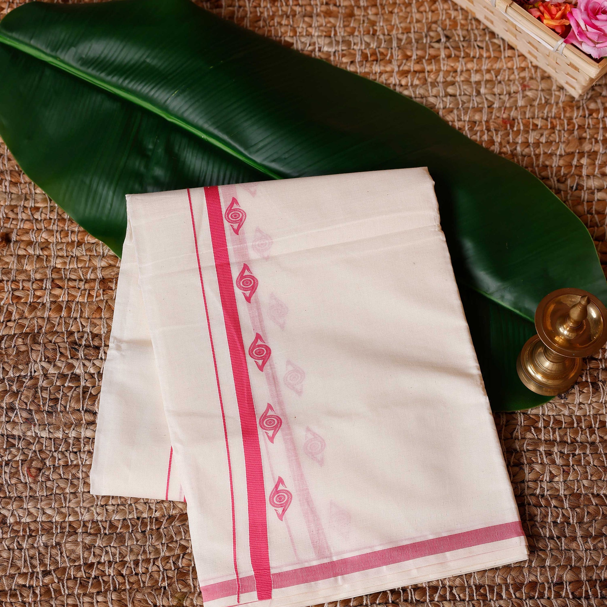 Traditional Handwoven Cotton Dhoti with Pink Color Border and Elegant Finish - Off White