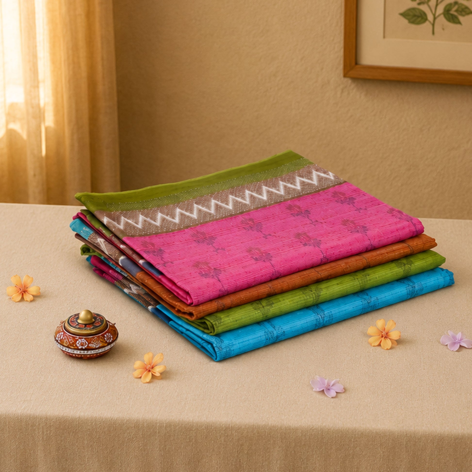 Voile cotton sarees with woven butta motifs and contrast zari borders in assorted colors folded stack front view