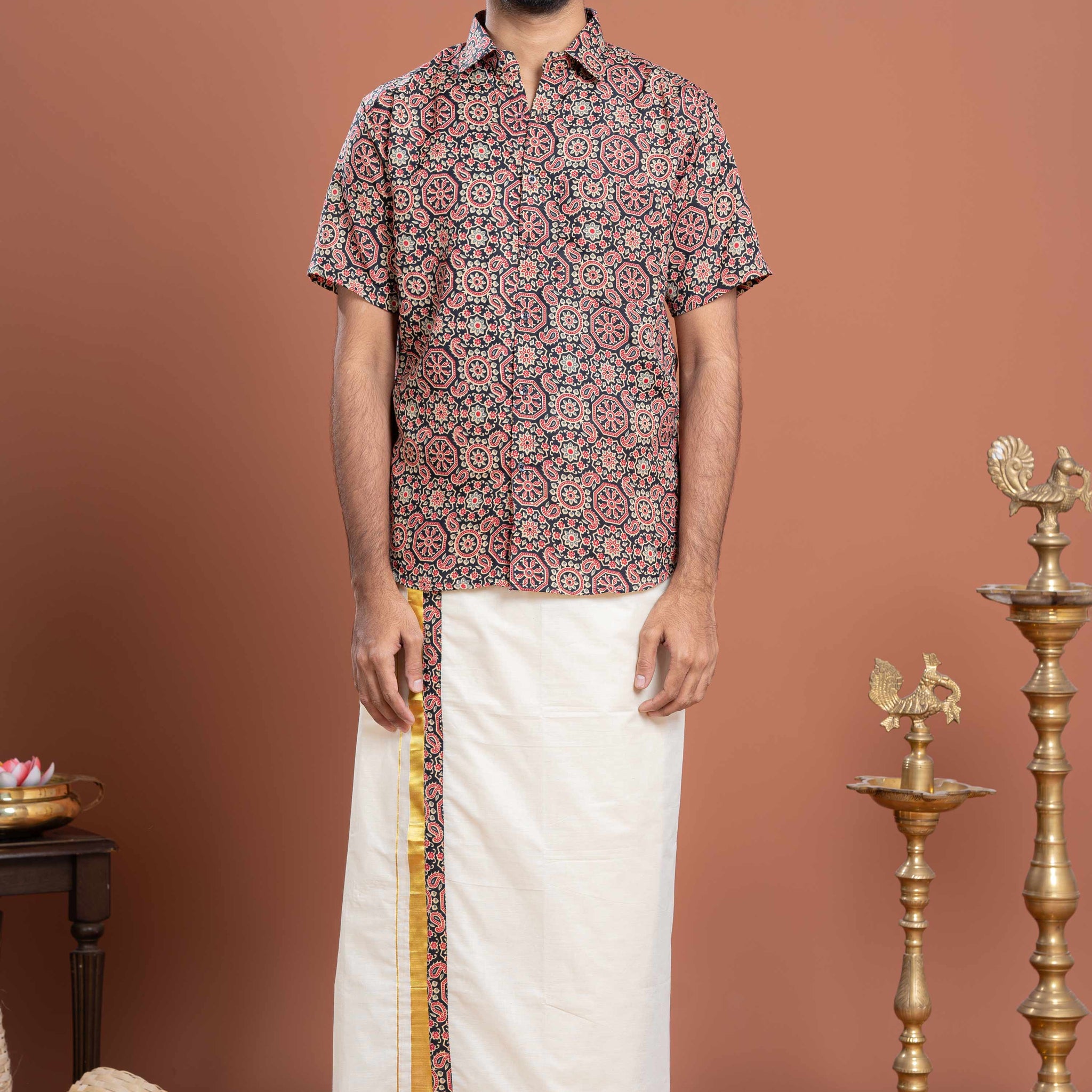 Men's Traditional Ethnic Printed Half-Sleeve Shirt with Kasavu Border Dhoti Set - Multi