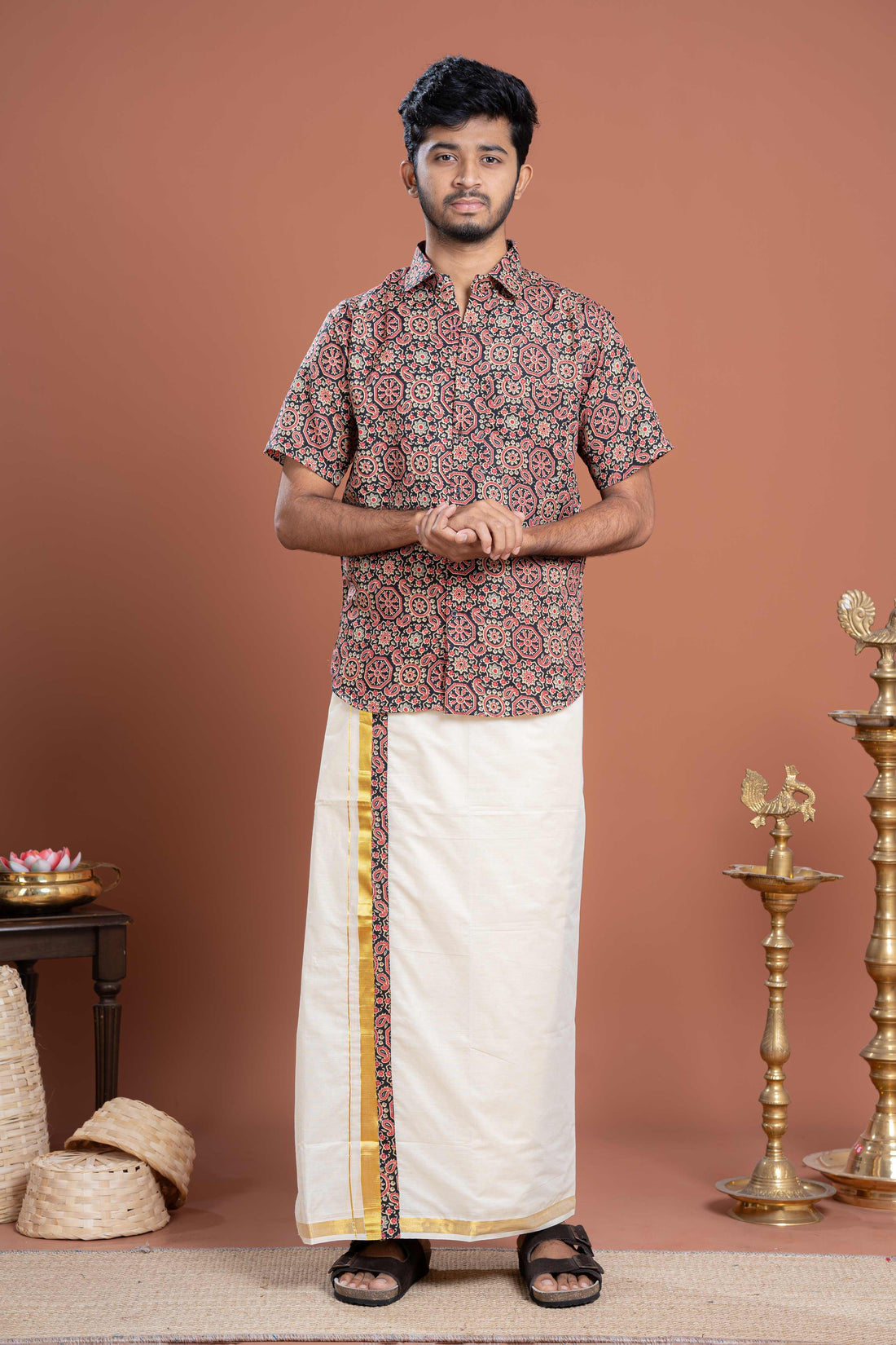 Men's Traditional Ethnic Printed Half-Sleeve Shirt with Kasavu Border Dhoti Set - Multi