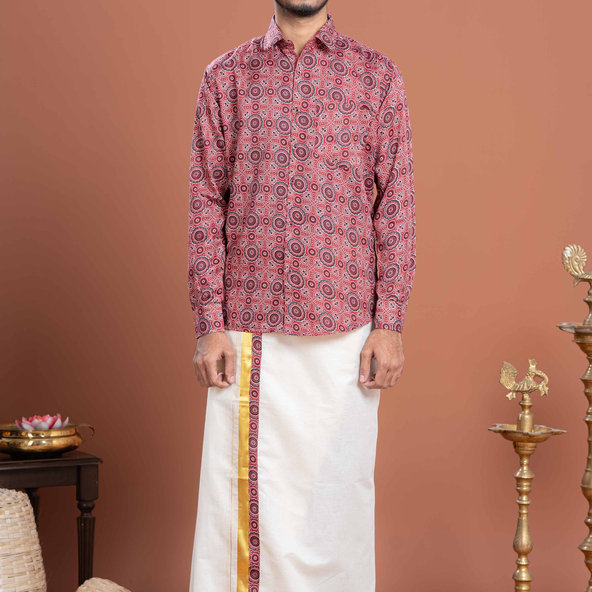Men's Traditional Ethnic Print Shirt & Dhoti Set with Gold Border - Pink
