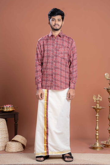 Men's Traditional Ethnic Print Shirt & Dhoti Set with Gold Border - Pink