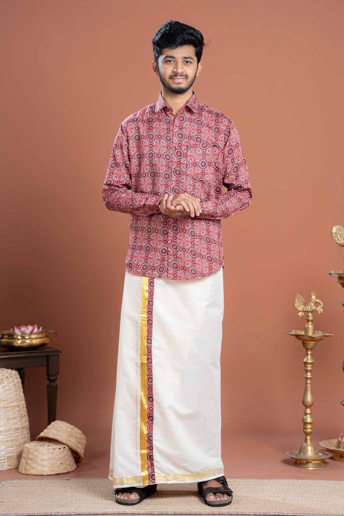Men's Traditional Ethnic Print Shirt & Dhoti Set with Gold Border - Pink