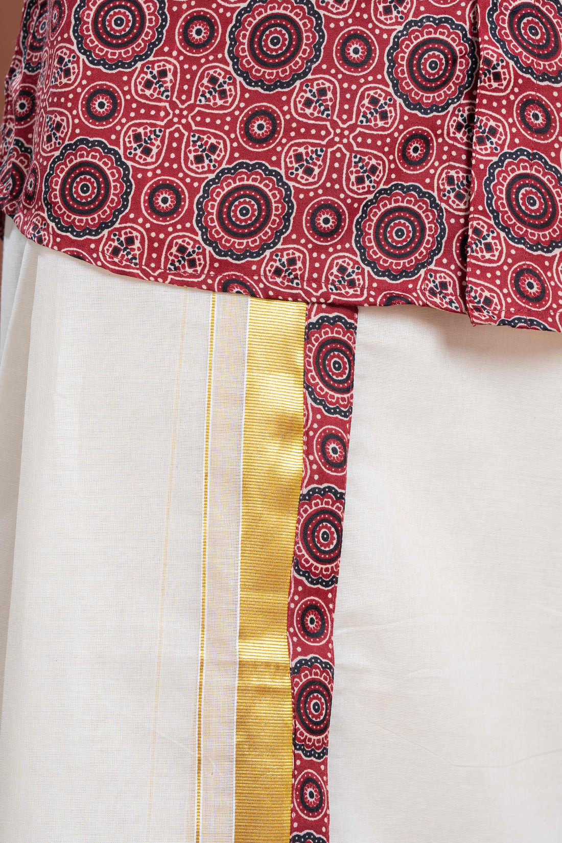 Men's Traditional Ethnic Print Shirt & Dhoti Set with Gold Border - Pink