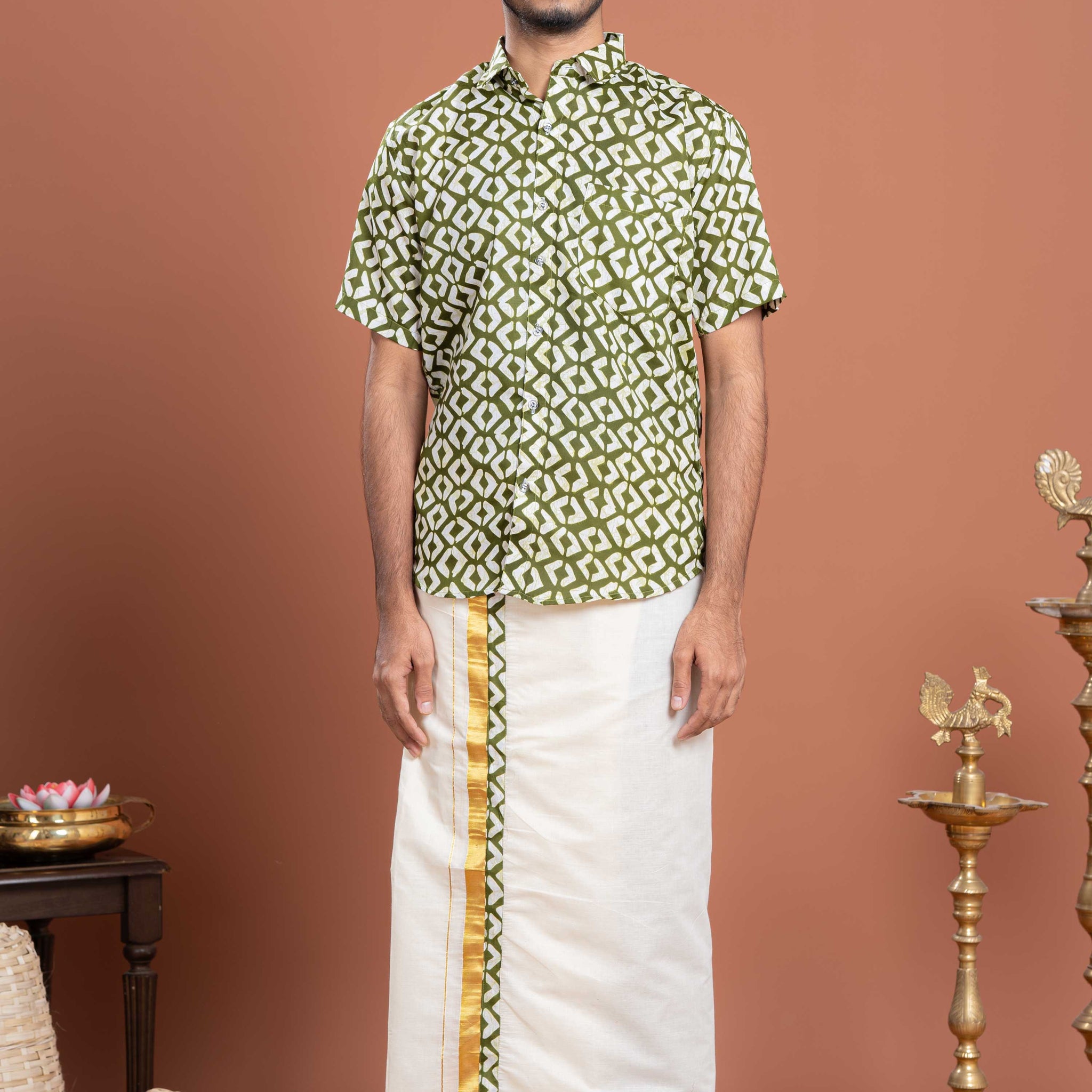Ethnic Men's Shirt & Dhoti Set Geometric Print Shirt and Kasavu Border Dhoti - Green