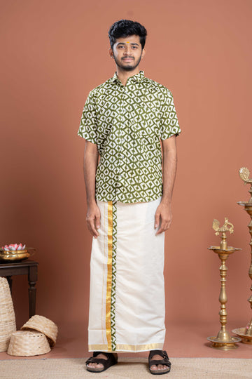 Ethnic Men's Shirt & Dhoti Set Geometric Print Shirt and Kasavu Border Dhoti - Green