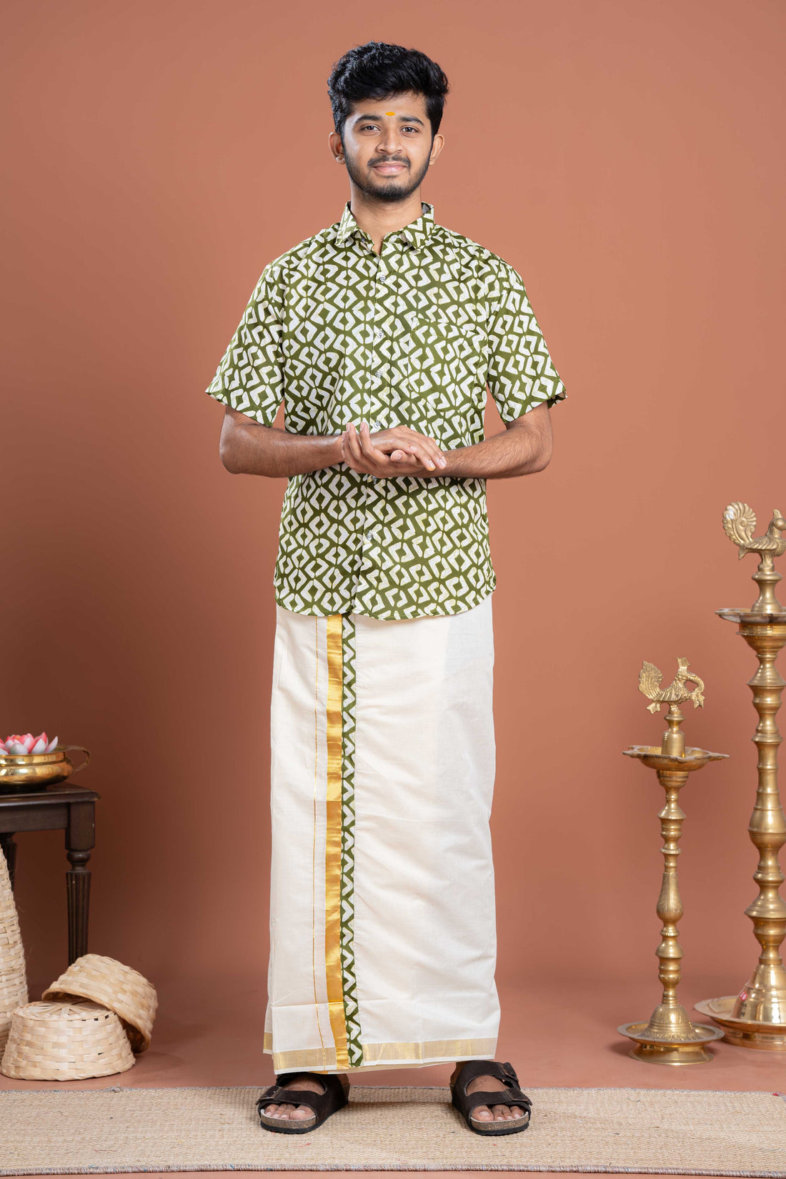 Ethnic Men's Shirt & Dhoti Set Geometric Print Shirt and Kasavu Border Dhoti - Green